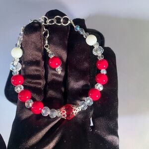 CRANBERRY PASSION — Handcrafted Red White & Clear Glass Beaded Bracelet